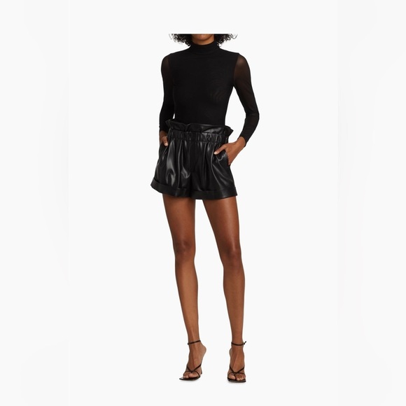 Alice + Olivia Regan Vegan Leather Paperbag Black Shorts - Picture 4 of 15